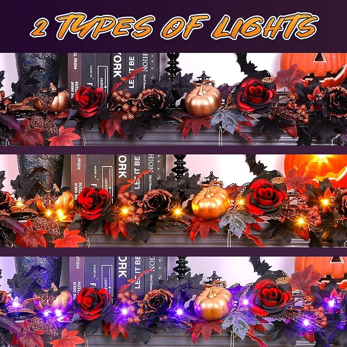 SHareconn 6FT Halloween Garland with Purple Lights Battery Operated and Timer, Pre-Lit Black Red Maple Leaves Lighted Garland Decorations for Fireplace Mantle Centerpiece Indoor Outdoor Decor, 6 FT