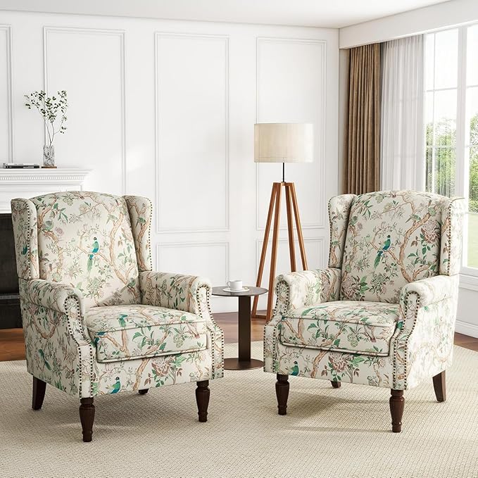 UIXE High Back Floral Accent Chairs Set of 2, Fabric Upholstered Armchair for Living Room, Retro Printed Wingback Arm Chair Rivet Trimed Single Sofa Bedroom Reading Seat - Bird