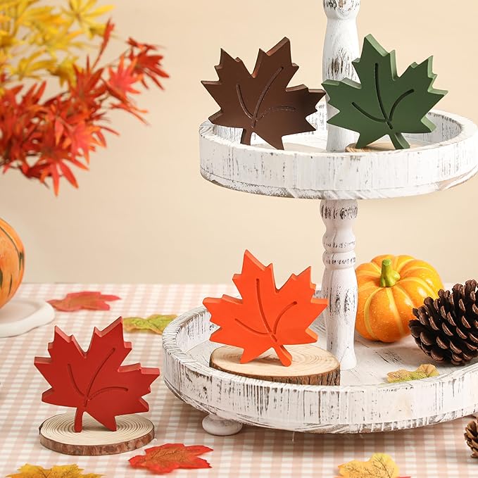 4pcs Fall Leaves Decorations Farmhouse Thanksgiving Table Decor Centerpiece Wooden Maple Leaf Signs Block for Autumn Harvest Tiered Tray Party Shelf Display