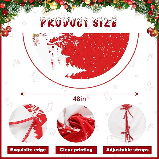 Christmas Tree Skirt 48 Inches Red Xmas Soft Cover Mat Decor Retro Xmas Tree Skirt for New Year Holiday Ornaments Indoor Outdoor Decorations (Merry Chrismas)