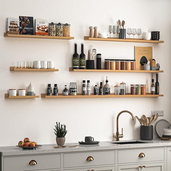 Heimlove Picture Ledge Shelf, Small Floating Shelves Set of 2, 16 Inches Picture Shelf for Wall with Ledge, Kids Bookshelf Wall Mounted for Living Room Bedroom Decor Books Photo Frames, Oak