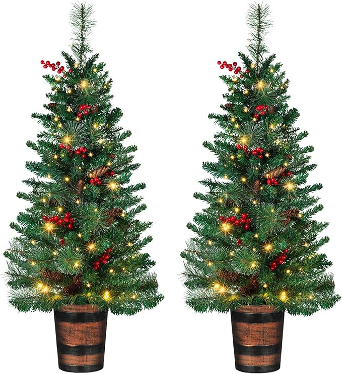 Set of 2 Christmas Trees with Lights 4-FT Artificial Potted Porch Berries and Pinecone Christmas Tree Battery Powered with 8 Modes and Timer for Indoor Outdoor