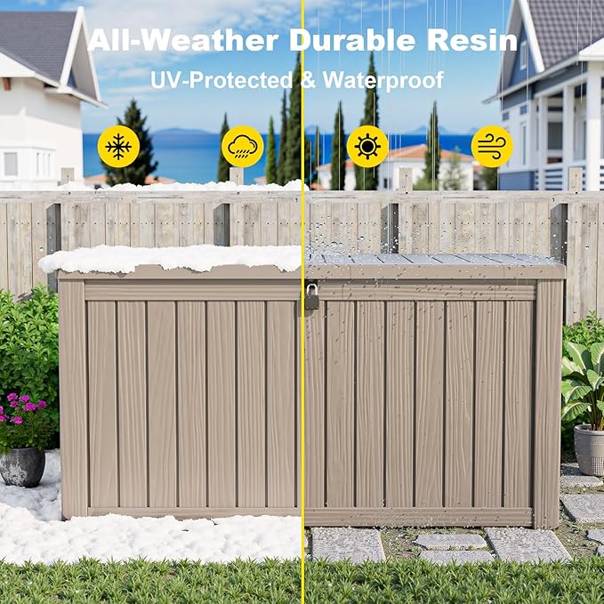 DRATO 150 Gallon Outdoor Storage Box, Large Waterproof Deck Box, Lockable Resin Storage Container with Reinforced Support for Patio Cushions, Garden Tools, UV-Resistant Outdoor Chest
