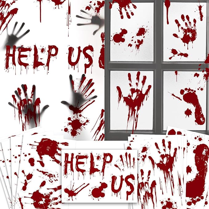 Halloween Window-Clings-Decorations Bloody-Handprint-Footprint Stickers, Scary Halloween Party Indoor/Outdoor Decoration, for Windows, Car - 12 Sheets
