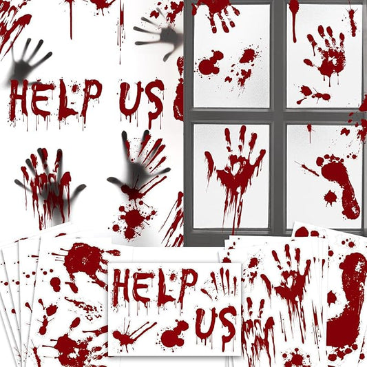 Halloween Window-Clings-Decorations Bloody-Handprint-Footprint Stickers, Scary Halloween Party Indoor/Outdoor Decoration, for Windows, Car - 12 Sheets