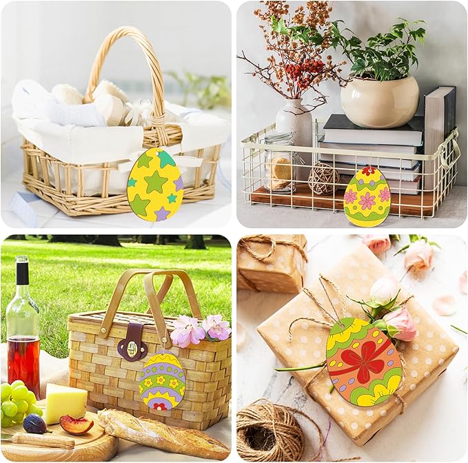 36PCS Wooden Easter Ornaments to Paint, 6 Styles DIY Blank Unfinished Wood Egg Cutouts Ornament for Crafts Hanging Decorations, Egg Rabbit Bunny Butterfly Flower Happy Easter