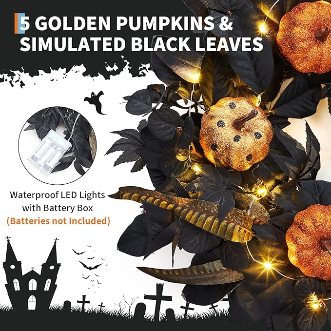 GarveeHome Halloween Wreath for Front Door, 18 Inch Fall Wreath with Pumpkins and Maple Leaves for Indoor Outdoor Wall Window Porch Patio Garden Farmhouse Home Party Prom Decoration