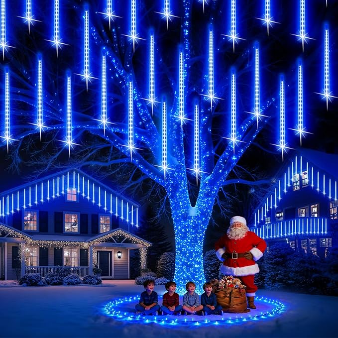PEMOTech Christmas Lights Outdoor,16 Tubes 40cm 576 LED Meteor Shower Lights, Waterproof Christmas Decorations Icicle Lights for Xmas Tree Halloween Party, Outdoor Christmas Decorations,UL Plug,Blue