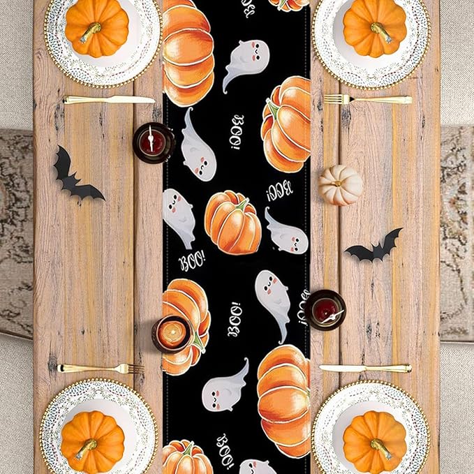 Halloween Table Runner Spooky Ghost Pumpkin Table Runner for Home Party Holiday Indoor Outdoor Table Decoration Halloween Table Decoration Kitchen Dining Table Decor 13 x 36 Inch (Black)
