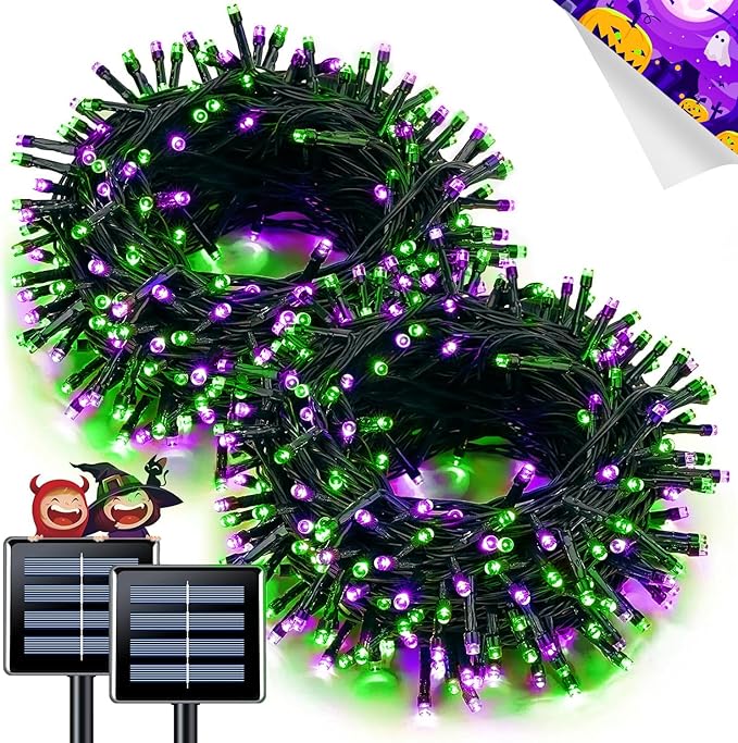 JMEXSUSS Purple and Green Halloween Lights, Total 66 FT 200 LED Solar Halloween Lights Outdoor, 2 Pack Solar Christmas Light Outdoor Waterproof for Yard Garden Tree Decor