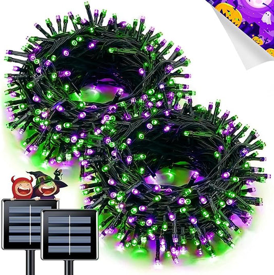 JMEXSUSS Purple and Green Halloween Lights, Total 66 FT 200 LED Solar Halloween Lights Outdoor, 2 Pack Solar Christmas Light Outdoor Waterproof for Yard Garden Tree Decor