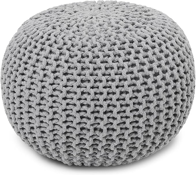 REDEARTH Round Boho Pouf Ottoman - Cable Knitted Cord Boho Pouffe - Stuffed Poof Accent Beanbag Footrest for Living Room - Nursery - Bedroom - Covered Patio - Study Nook (19.5"x19.5"x14") - Gray