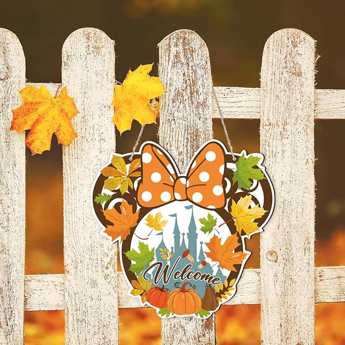 Fall Mouse Welcome Door Sign, Wooden Maple Leaves Mushroom Hanging Decor for Front Door, Fall Wood Wreath Wall Decor for Autumn Harvest Thanksgiving Home Decorations, Housewarming Gift