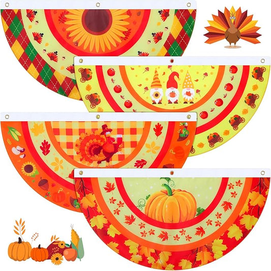 Breling 4 Pcs 1.5 x 3 Feet Fall Bunting Outdoor Flag for Outside Thanksgiving Pleated Fan Flag Pumpkin Turkey Yard Fall Hanging Banner Flag with Canvas Header and Metal Grommet for Holiday Decor