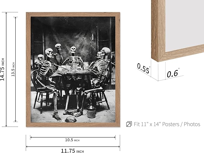 Poster Master Vintage Photograph Poster - Retro Daguerreotype Print - Gift for Artist, Friend - Skeletons Smoking at Table, Dinner Party, Goth - Wall Decor for Home, Dorm, 11x14 Beige Framed