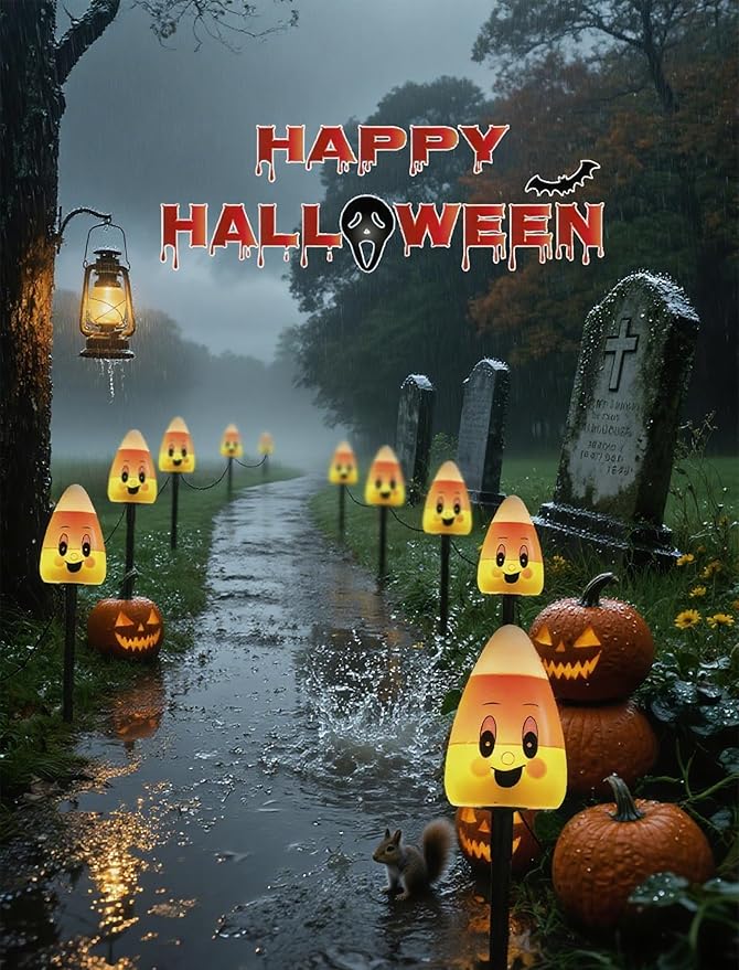 5 Pack Enchanting Candy Corn Pathway Lights Outdoor, UL Certified Plug-in Halloween Decorations, Whimsical Waterproof Yard Stakes for a Magical Trick-or-Treat Walkway & Festive Garden Party
