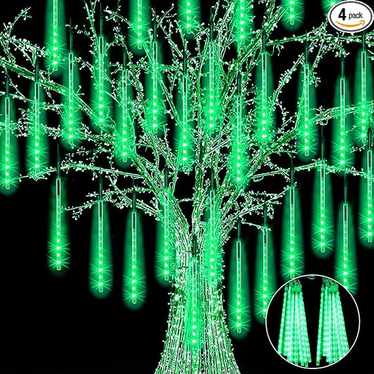4 Pack Christmas Meteor Shower Rain Lights, 20-Inch 40 Tube 1440 LEDs Icicle Outdoor Raindrop Lights for Xmas, Halloween, Wedding, Party, Tree, Holiday Decoration, Green
