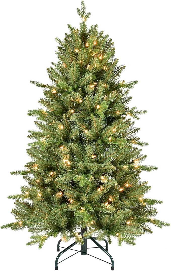 4FT Pre-Lit Artificial Christmas Tree with 628 PE&PVC Mixed Branch Tips, 200 Warm White Lights, Hinged Premium Spruce Fake Xmas Trees, Green, Foldable Base
