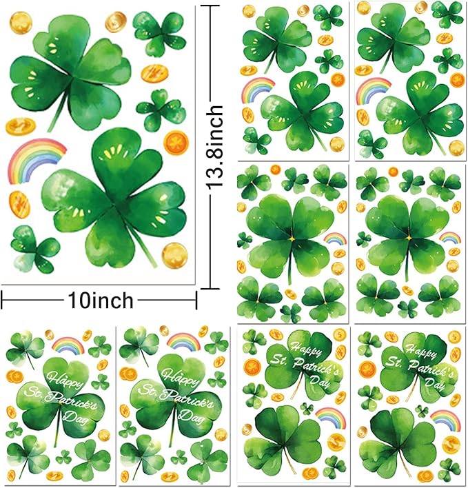 8 Sheet St Patricks Day Window Clings Shamrock Window Decorations for Glass Windows, Irish Saint Patricks Day Window Stickers for Kids Home School Office Spring Party Supplies