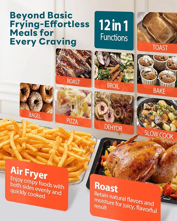 28QT Air Fryer Toaster Oven Combo, Large 12-in-1 Convection Countertop Oven with Next-Gen HeatWave Convection, 3-Layer Cooking, Rotisserie for Chicken, Fits 11" Pizza, Full Accessorie, Stainless Steel