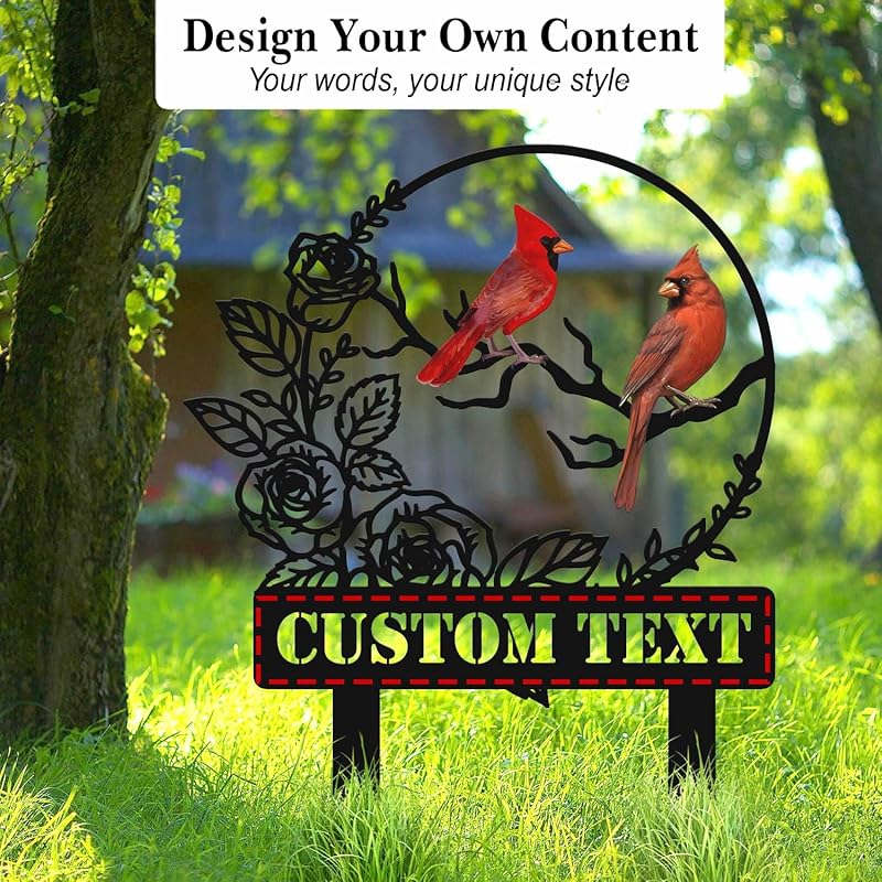 Personalized Garden Name Signs with Stake, Custom Red Bird Metal Decor Decorative Outside, Yard Outdoor Art Gift for Mom Grandmother, Patio House Warming Gifts New Home