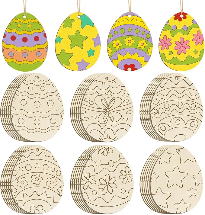 36PCS Wooden Easter Ornaments to Paint, 6 Styles DIY Blank Unfinished Wood Egg Cutouts Ornament for Crafts Hanging Decorations, Egg Rabbit Bunny Butterfly Flower Happy Easter