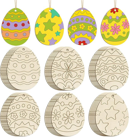 36PCS Wooden Easter Ornaments to Paint, 6 Styles DIY Blank Unfinished Wood Egg Cutouts Ornament for Crafts Hanging Decorations, Egg Rabbit Bunny Butterfly Flower Happy Easter