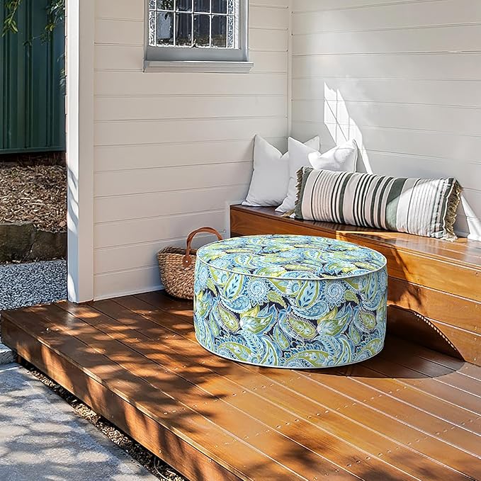 Inflatable Ottoman Stool D31 xH14 for Outdoor/Indoor Use, Water Repellent Patio Foot Rest with Portable Handle,Round Pouf Ottoman Suitable for Garden,Deck and Camping - Paisley Lapis Green