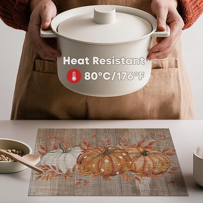 Artoid Mode Wood Pumpkin Leaves Fall Vinyl Placemats Set of 4, Wipeable Woven PVC Table Mats for Thanksgiving Farmhouse Party Kitchen Dining Decor