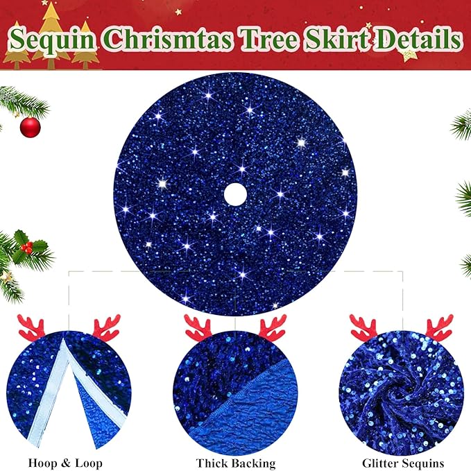 MODFUNS Blue Christmas Tree Skirt 46 Inches Sequin Xmas Tree Skirt Sparkly Tree Mat Round Velvet Tree Skirts Christmas Ornaments Halloween Tree Cover Skirt for Family Embroidery Metallic Tree Base Mat