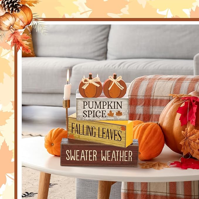 4 Pcs Fall Pumpkin Decor Fall Table Decoration Thanksgiving Tiered Tray Decor Thanksgiving Centerpiece Rustic Decorative Pumpkin Block Sign Gift Farmhouse Autumn Table Sign for Home Kitche