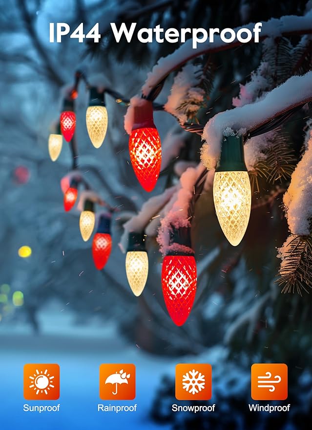 Outdoor Christmas Lights, 100 Ft C9 LED Commercial String Lights with Red and Warm White Strawberry C9 Bulbs, Waterproof Connectable UL Certified C9 Lights for Indoor Yard Xmas Tree House Decor