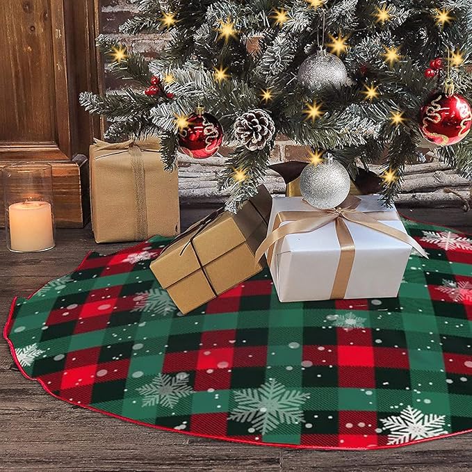 Christmas Tree Skirt Buffalo Plaid Tree Skirt Snowflake Thick Xmas Tree Skirt for Holiday Party Christmas Tree Decorations Indoor Outdoor Red and Green 48 Inch