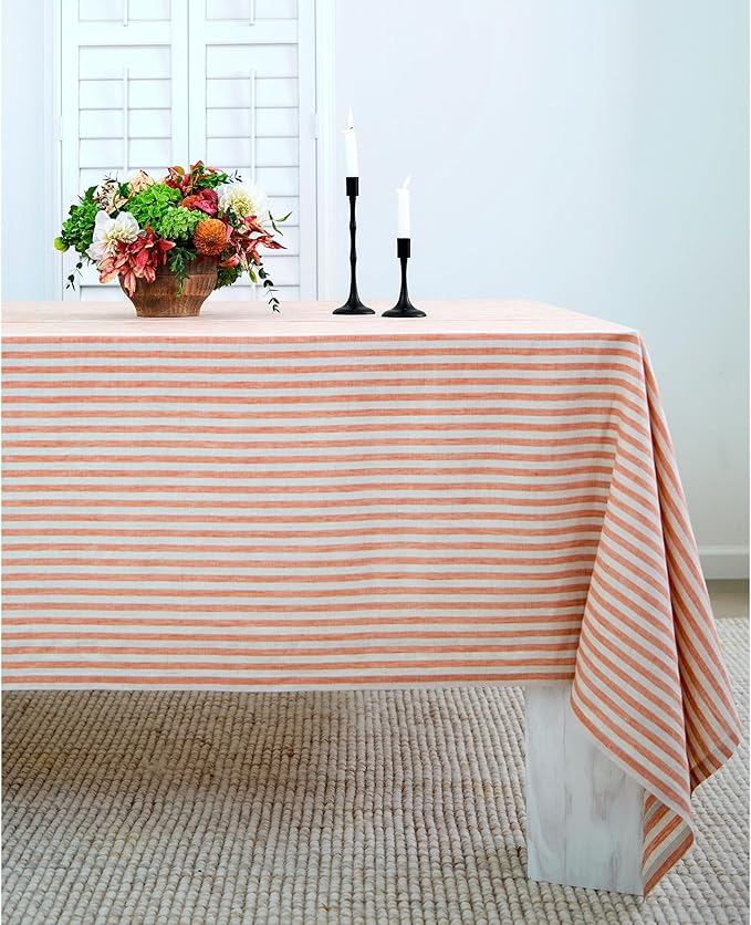 Solino Home Linen Tablecloth 60 x 120 Inch - Amalfi Stripe 100% Pure Linen Pumpkin and Natural Table Cloth for Rectangle Tables - Machine Washable Fabric Tablecloth for Fall, Halloween, Thanksgiving