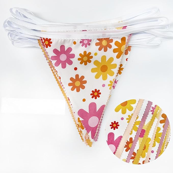 32Ft Groovy Party Decorations Dusty Pink Yellow Pennant Banner Fabric Triangle Flag Bunting Garland Streamers for Daisy Groovy Boho Retro Hippie Wedding Birthday Baby Shower Spring Party Supplies