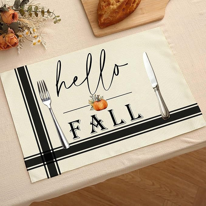 Hello Fall Placemats Set of 4, 12x18 Inch Maple Leaves Buffalo Plaid Table Mats, Washable Heat Resistant Place Mats for Kitchen Dining Table, Autumn Home Farmhouse Decor-B01