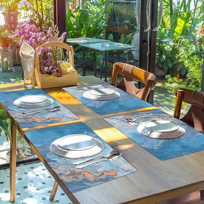 Marble Placemats Set of 6 Blue Marbles Plastic Table Mats Marble Theme Place Mats Wipe Clean Washable Holiday Table Decoration for Indoor Outdoor Party Kitchen Dining