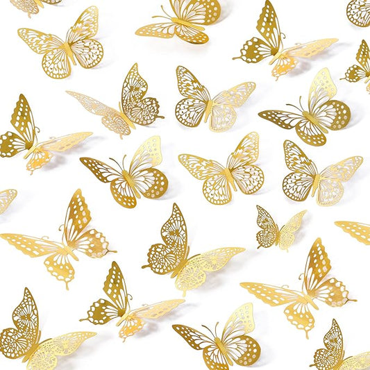 SAOROPEB 3D Butterfly Wall Decor - 48 Pcs, 4 Styles, 3 Sizes, Gold Butterfly Decorations for Birthday & Party Celebrations, Removable Stickers