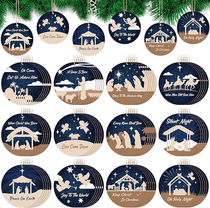 Soaoo 60 Pcs Nativity Scene Christmas Tree Ornament Christian Religious Ornaments Bulk Round Nativity Xmas Tree Hanging Wooden Decorations for Garden Yard Outdoor Home(Classic Style)