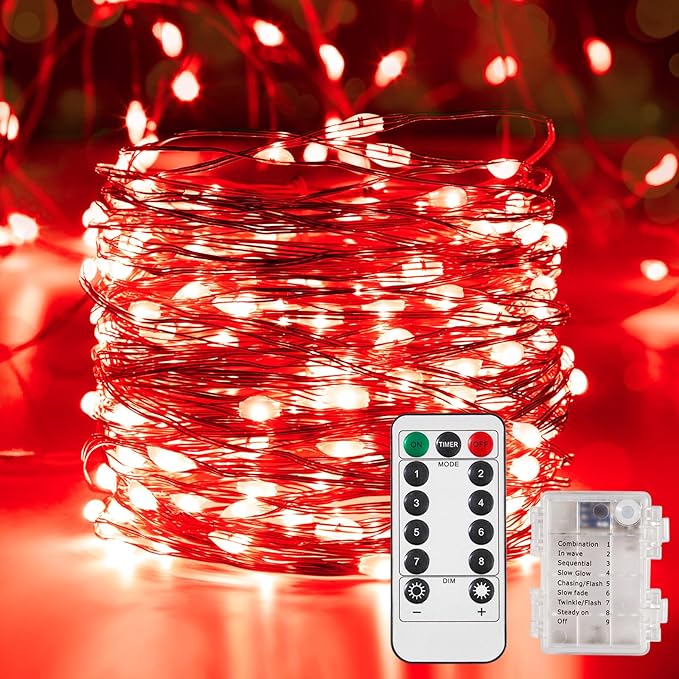 4 Pack 65.6 Ft. Battery Operated Outdoor String Lights with Remote & Timer, LED Red Fairy Lights, Waterproof Twinkle Lights for Bedroom, Dorm, Mason Jar, Wedding, Party, Christmas