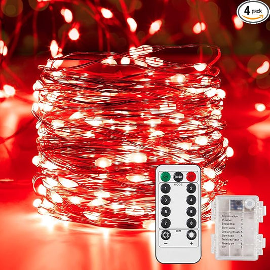 4 Pack 32.8 Ft. Battery Operated Outdoor String Lights with Remote & Timer, LED Red Fairy Lights, Waterproof Twinkle Lights for Bedroom, Dorm, Mason Jar, Wedding, Party, Christmas