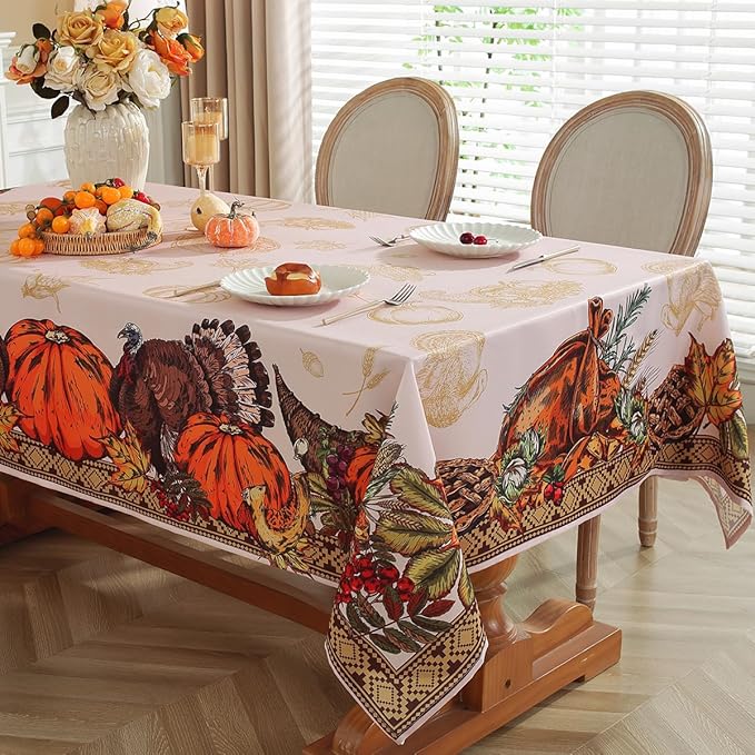 SASTYBALE Thanksgiving Tablecloths for Rectangle Tables 60 x 84 Inch Farmhouse Turkey Pumpkins Tablecloth, Wrinkle Free Vintage Fabric Table Covers for Fall Harvest & Autumn Decor, Brown