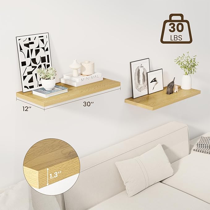 30" Floating Shelves for Wall, 12" Deep Slim Oak Floating Shelves, Wall-Mounted Shelves for Bedroom, Living Room, Kitchen, Bathroom - Set of 2