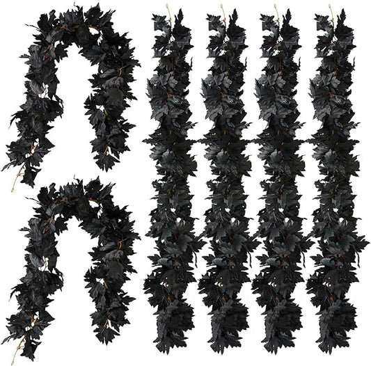 PARTY JOY Black Artificial Maple Leaf Garland - 6PCS 5.6Ft Halloween Decor, Gothic Fall Vines for Front Porch, Thanksgiving Autumn Table Centerpiece & Wall Hanging