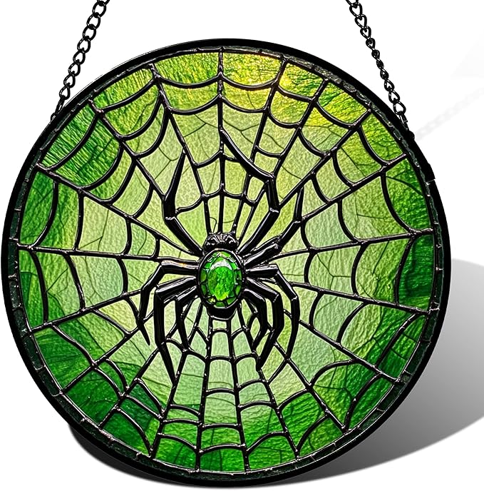 Stained Glass Window Hanging - Black Green Horror Spider Web Suncatcher for Doors Garden Patio Sun Catchers Decor Christmas Halloween Birthday Gifts for Women Men Mom Nana Friend 9.8 in