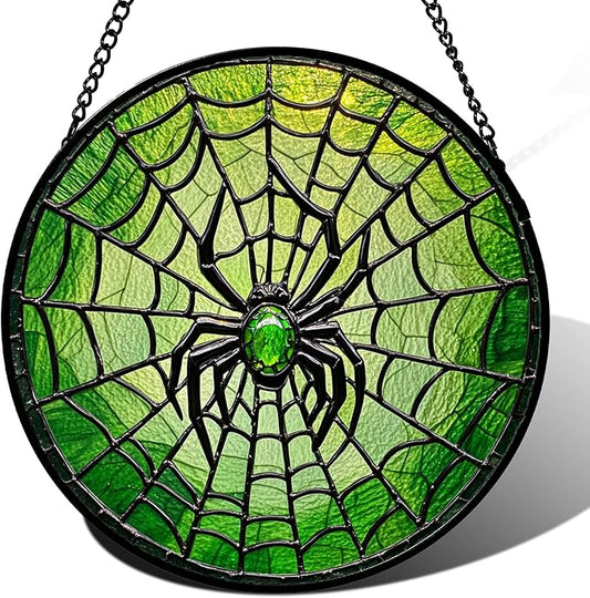 Stained Glass Window Hanging - Black Green Horror Spider Web Suncatcher for Doors Garden Patio Sun Catchers Decor Christmas Halloween Birthday Gifts for Women Men Mom Nana Friend 9.8 in