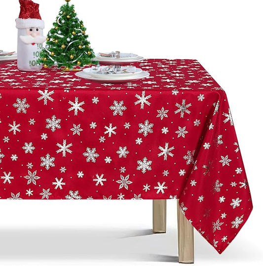 LUSHVIDA Christmas Tablecloth Rectangle - 60x102 inch Snowflakes Foil Print Pattern Washable Wrinkle Resistant Holiday Tablecloths for Christmas Family Gathering, Dining Room Table 130GSM