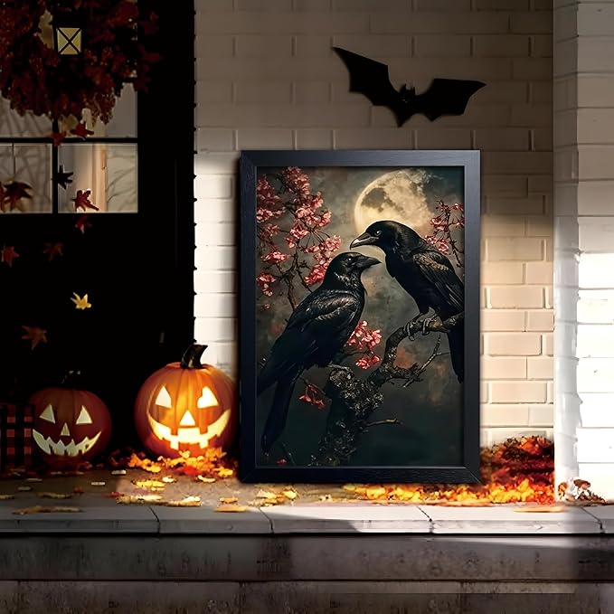 Black Wood Framed Halloween Canvas Wall Art Painting, Vintage Black Crow Cherry Blossom Wall Decor Picture, Dark Academia Gothic Poster Print Photo for Living Room Bedroom Office Decor 16x24 Inch