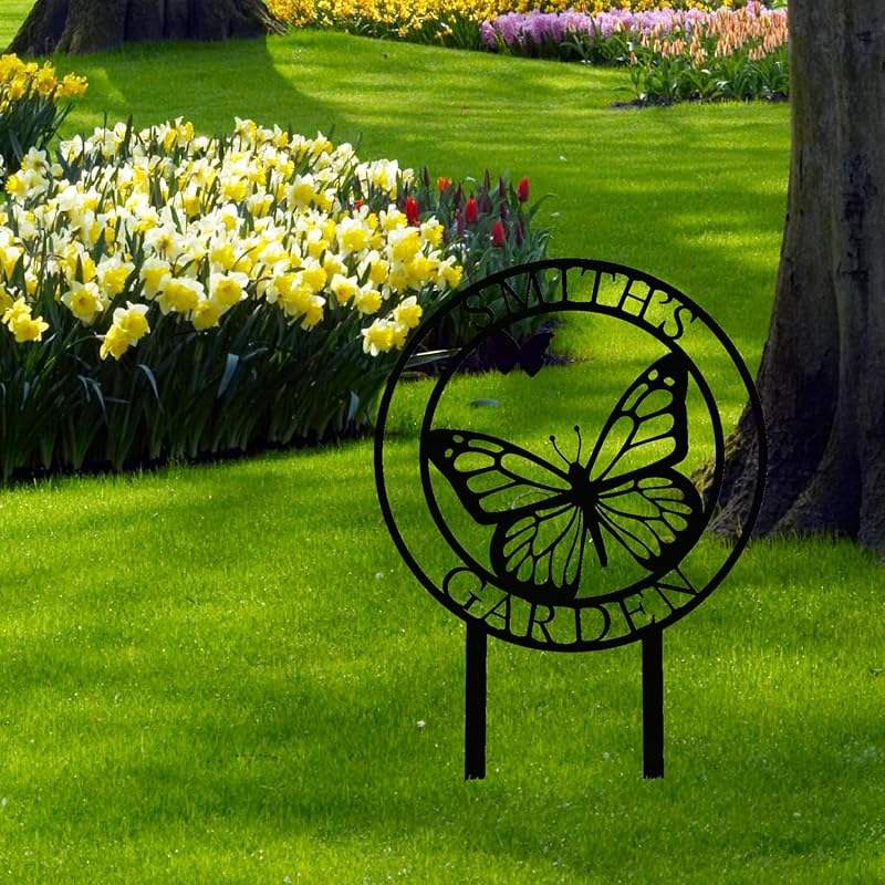 Custom Butterfly Metal Garden Sign with Stakes, Metal Yard Art, Personalized Butterfly Home Garden Decor, Garden Family Name Sign for Outdoor New Home Gift for Outside, Patio Decor, Housewarming Gift