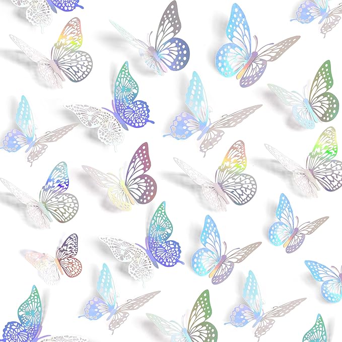 SAOROPEB 3D Butterfly Wall Decor - 48 Pcs, 4 Styles, 3 Sizes - Removable Stickers (Laser)